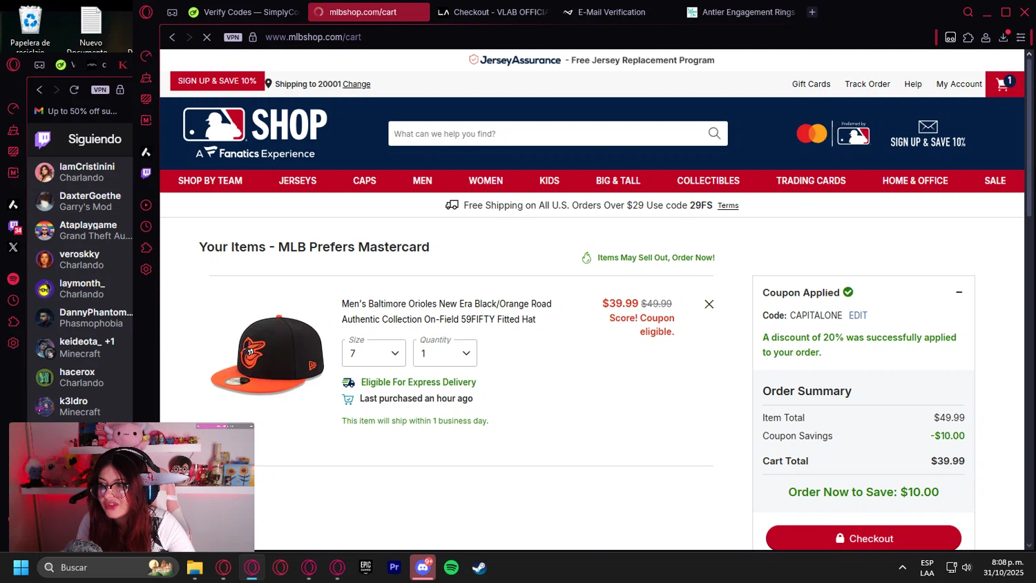 Baltimore Orioles promo code screenshot showing code CAPITALONE applied at Baltimore Orioles checkout page. Uploaded by SimplyCodes community member leonardocamacho2 on Nov 1, 2025