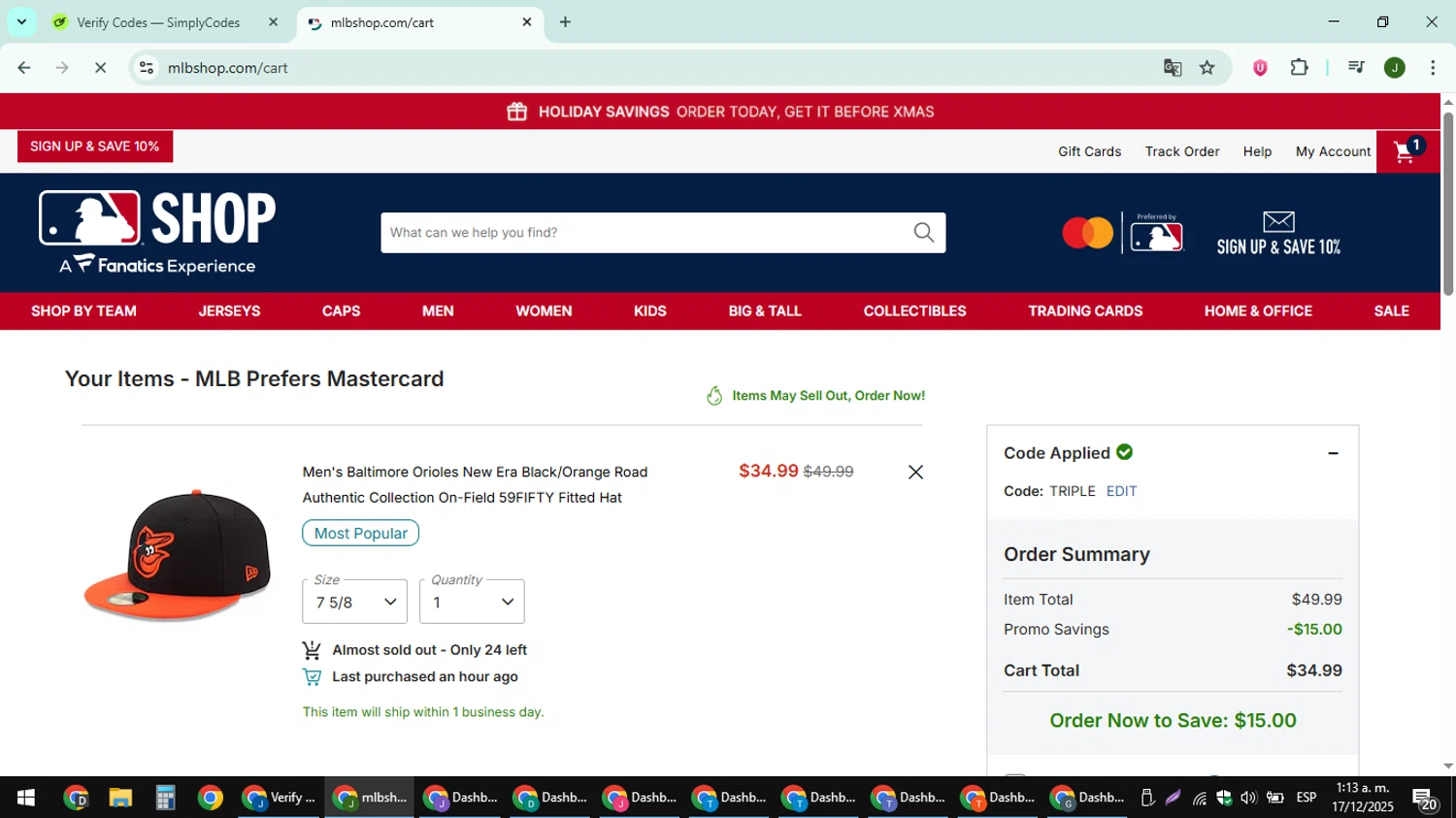 Baltimore Orioles checkout page showing Baltimore Orioles promo code box | Screenshot taken by SimplyCodes community member on Dec 17, 2025