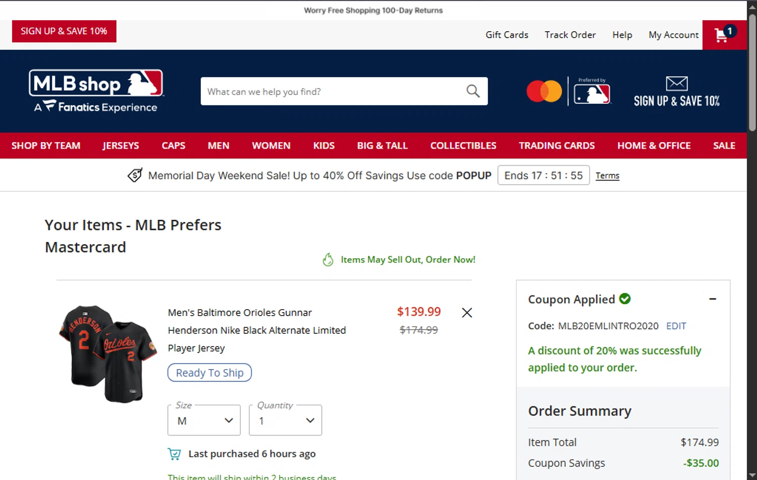 Baltimore Orioles promo code screenshot showing code MLB20EMLINTRO2020 applied at Baltimore Orioles checkout page. Uploaded by SimplyCodes community member BargainSaver8204 on May 26, 2025