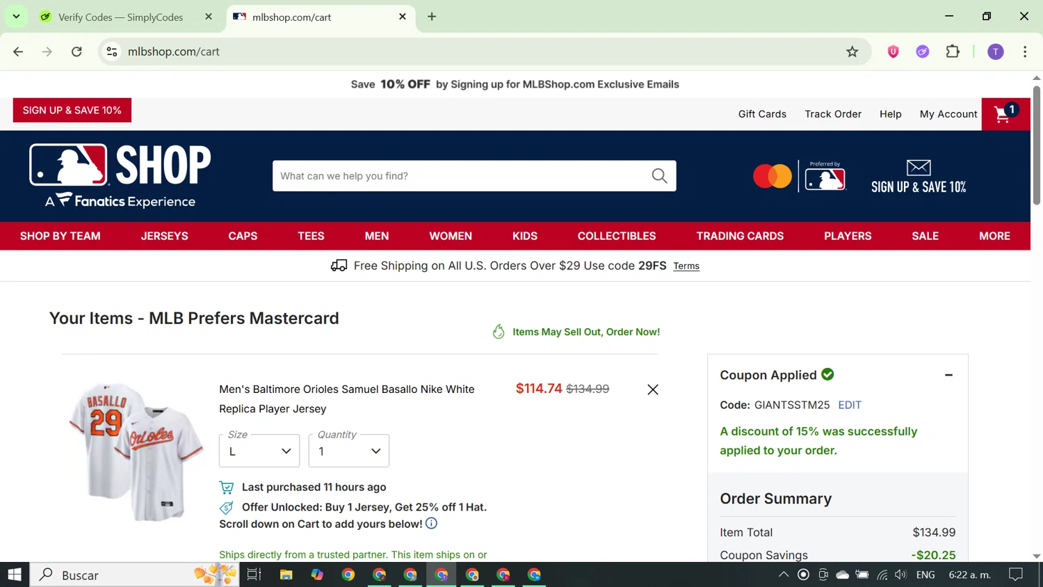 Baltimore Orioles promo code screenshot showing code GIANTSSTM25 applied at Baltimore Orioles checkout page. Uploaded by SimplyCodes community member FortunateCurator5882 on Sep 22, 2025