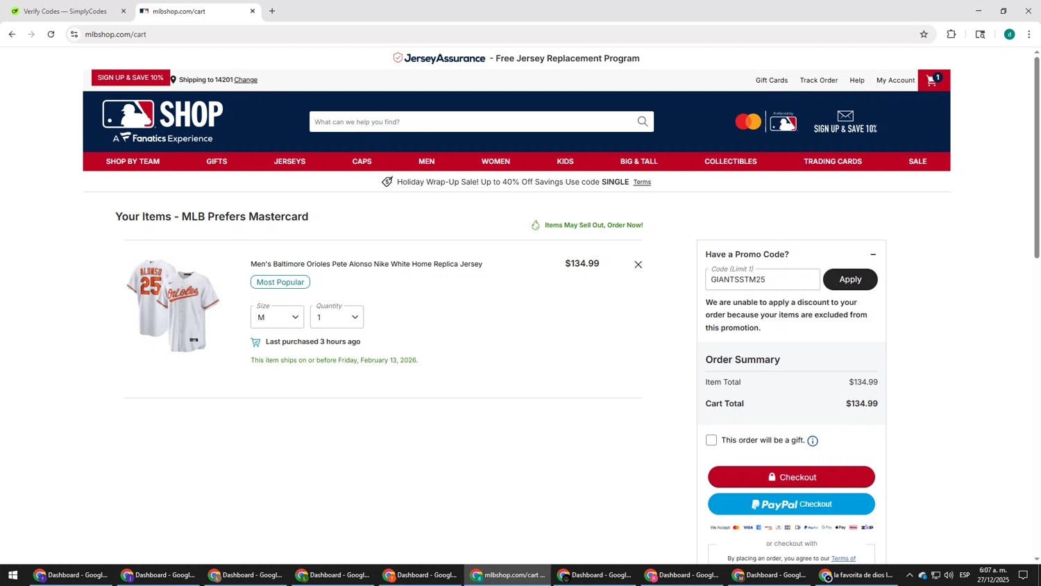 Baltimore Orioles checkout page showing Baltimore Orioles promo code box | Screenshot taken by SimplyCodes community member on Dec 27, 2025