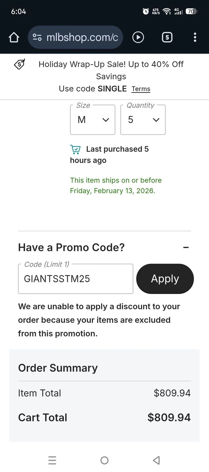 Baltimore Orioles promo code screenshot showing code GIANTSSTM25 applied at Baltimore Orioles checkout page. Uploaded by SimplyCodes community member larenacida on Dec 27, 2025