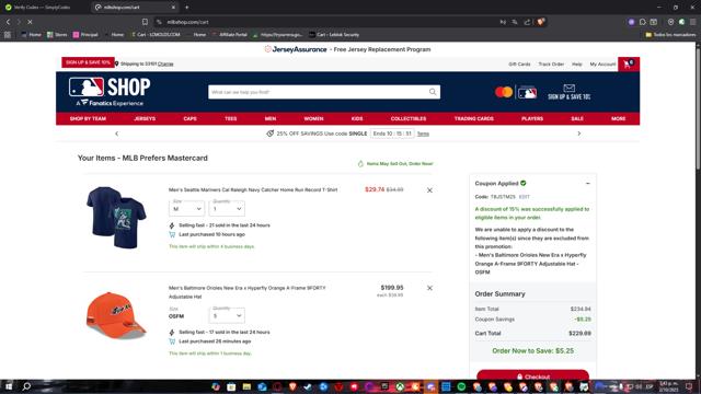 Baltimore Orioles checkout page showing Baltimore Orioles promo code box | Screenshot taken by SimplyCodes community member on Oct 2, 2025