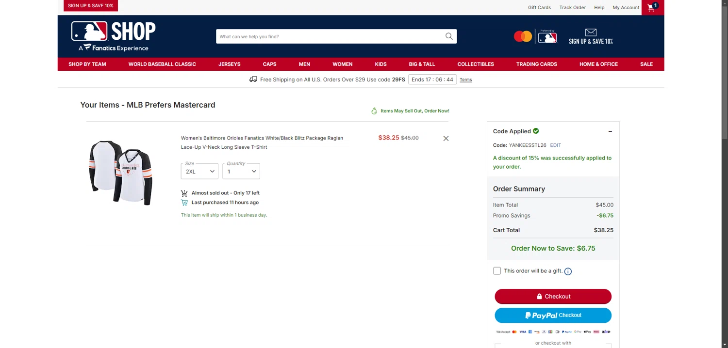Baltimore Orioles checkout page showing Baltimore Orioles promo code box | Screenshot taken by SimplyCodes community member on Feb 12, 2026
