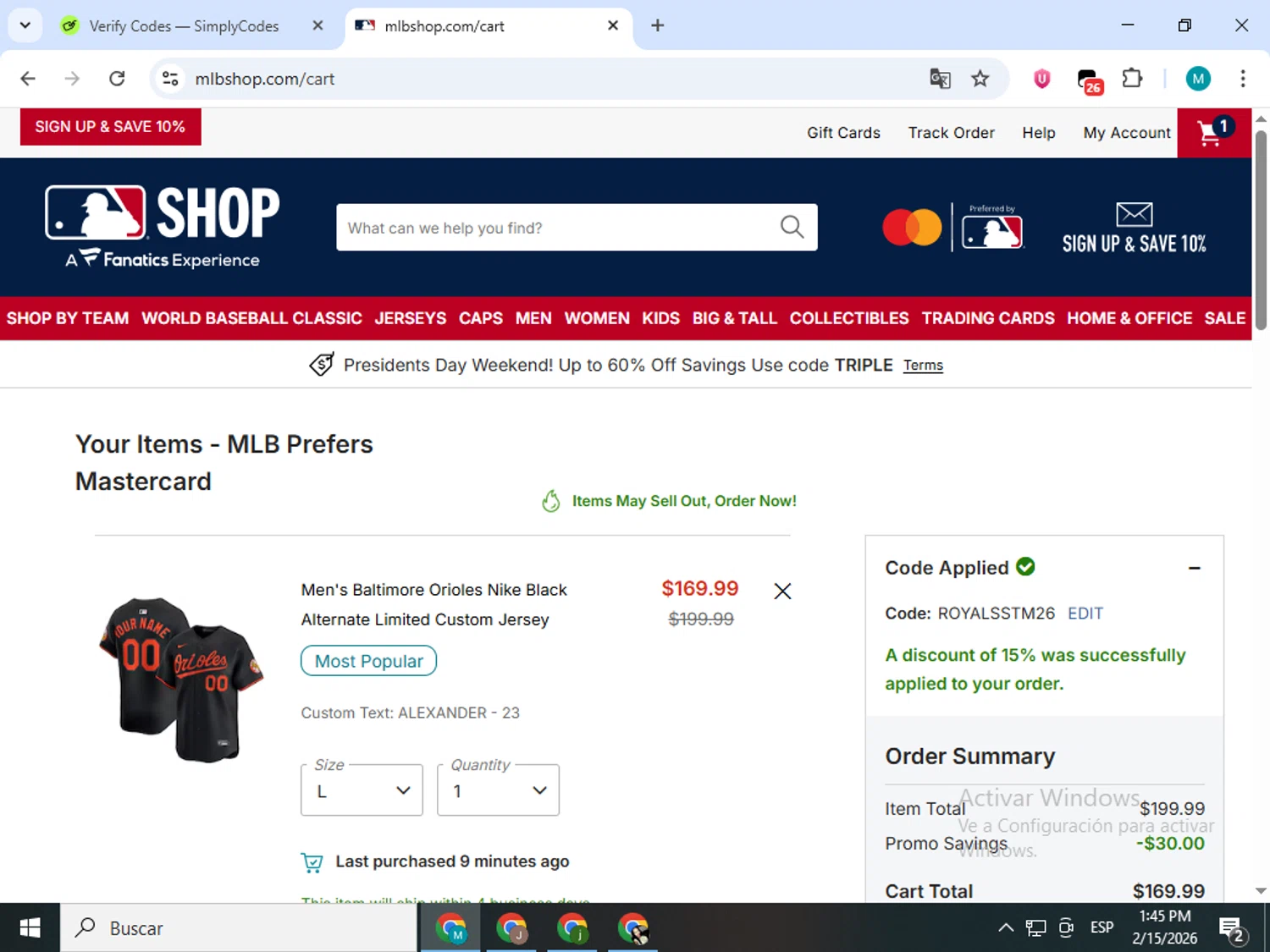 Baltimore Orioles checkout page showing Baltimore Orioles promo code box | Screenshot taken by SimplyCodes community member on Feb 15, 2026
