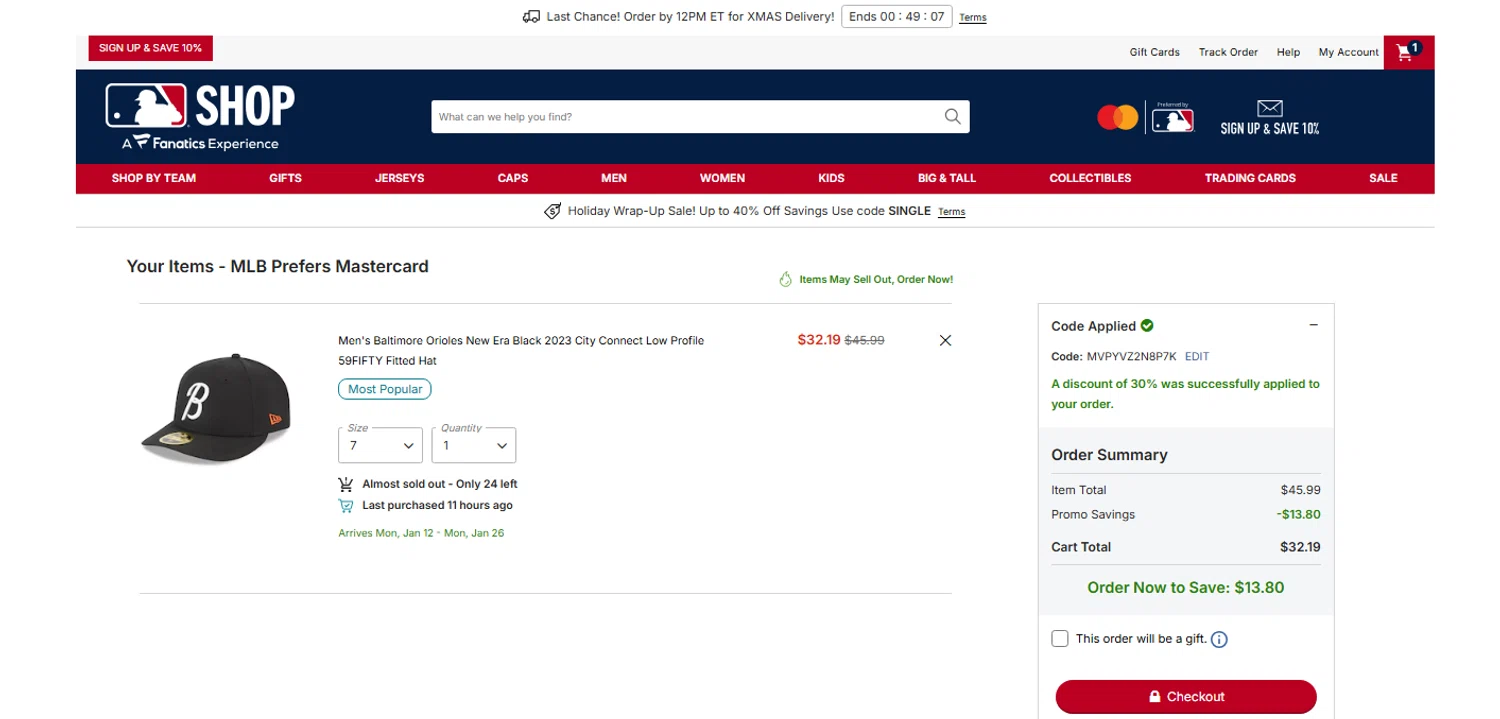 Baltimore Orioles promo code screenshot showing code MVPYVZ2N8P7K applied at Baltimore Orioles checkout page. Uploaded by SimplyCodes community member OnlywM on Dec 22, 2025