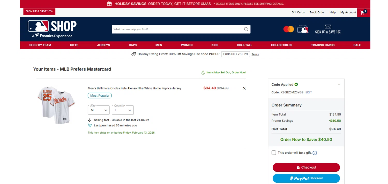 Baltimore Orioles promo code screenshot showing code X36BZ5MZ5YG9 applied at Baltimore Orioles checkout page. Uploaded by SimplyCodes community member OnlywM on Dec 18, 2025