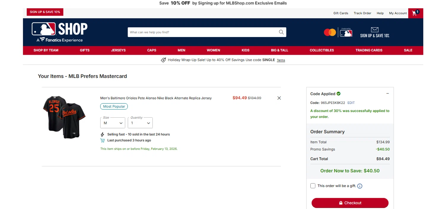 Baltimore Orioles promo code screenshot showing code 965JPE5K8K22 applied at Baltimore Orioles checkout page. Uploaded by SimplyCodes community member OnlywM on Dec 26, 2025
