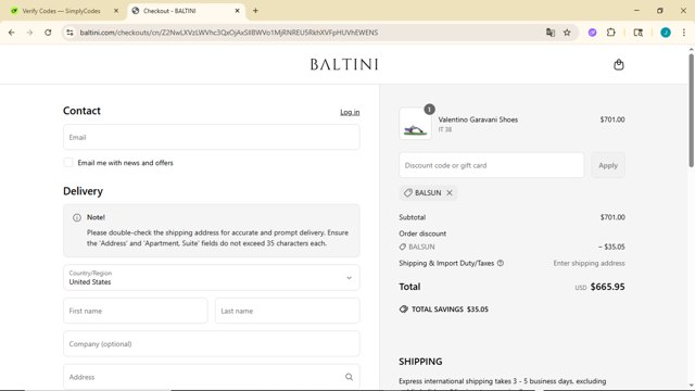Baltini checkout page showing Baltini promo code box | Screenshot taken by SimplyCodes community member on Jun 22, 2025