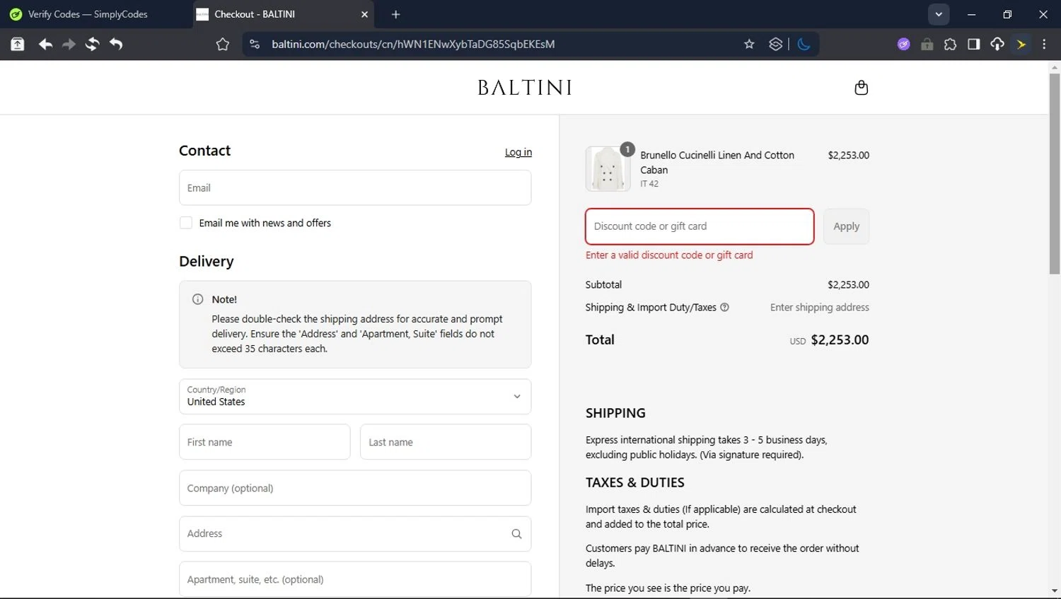 Baltini promo code screenshot showing code BALINDP applied at Baltini checkout page. Uploaded by SimplyCodes community member DealVirtuoso2241 on Jul 30, 2025