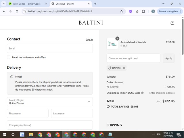 Baltini checkout page showing Baltini promo code box | Screenshot taken by SimplyCodes community member on Jul 21, 2025