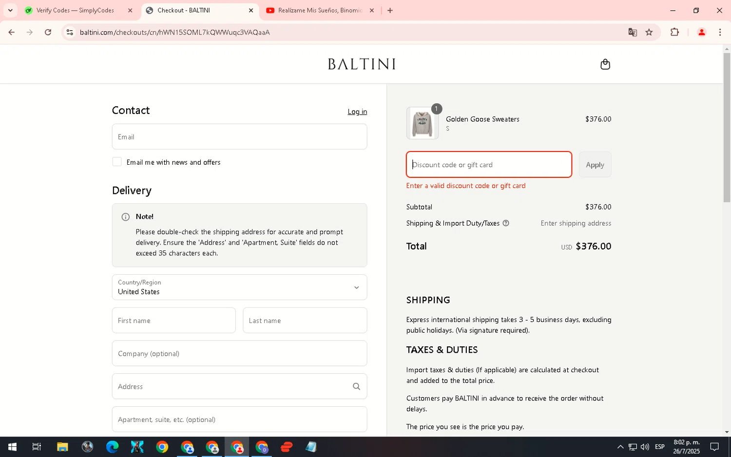 Baltini promo code screenshot showing code BALVAC applied at Baltini checkout page. Uploaded by SimplyCodes community member WiseHero7115 on Jul 27, 2025