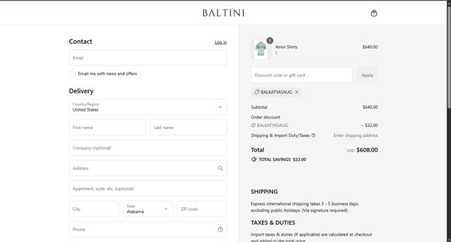 Baltini checkout page showing Baltini promo code box | Screenshot taken by SimplyCodes community member on Aug 22, 2025