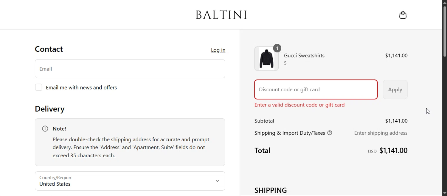 Baltini promo code screenshot showing code BALKATYA5AUG applied at Baltini checkout page. Uploaded by SimplyCodes community member Enmanuel99 on Aug 26, 2025