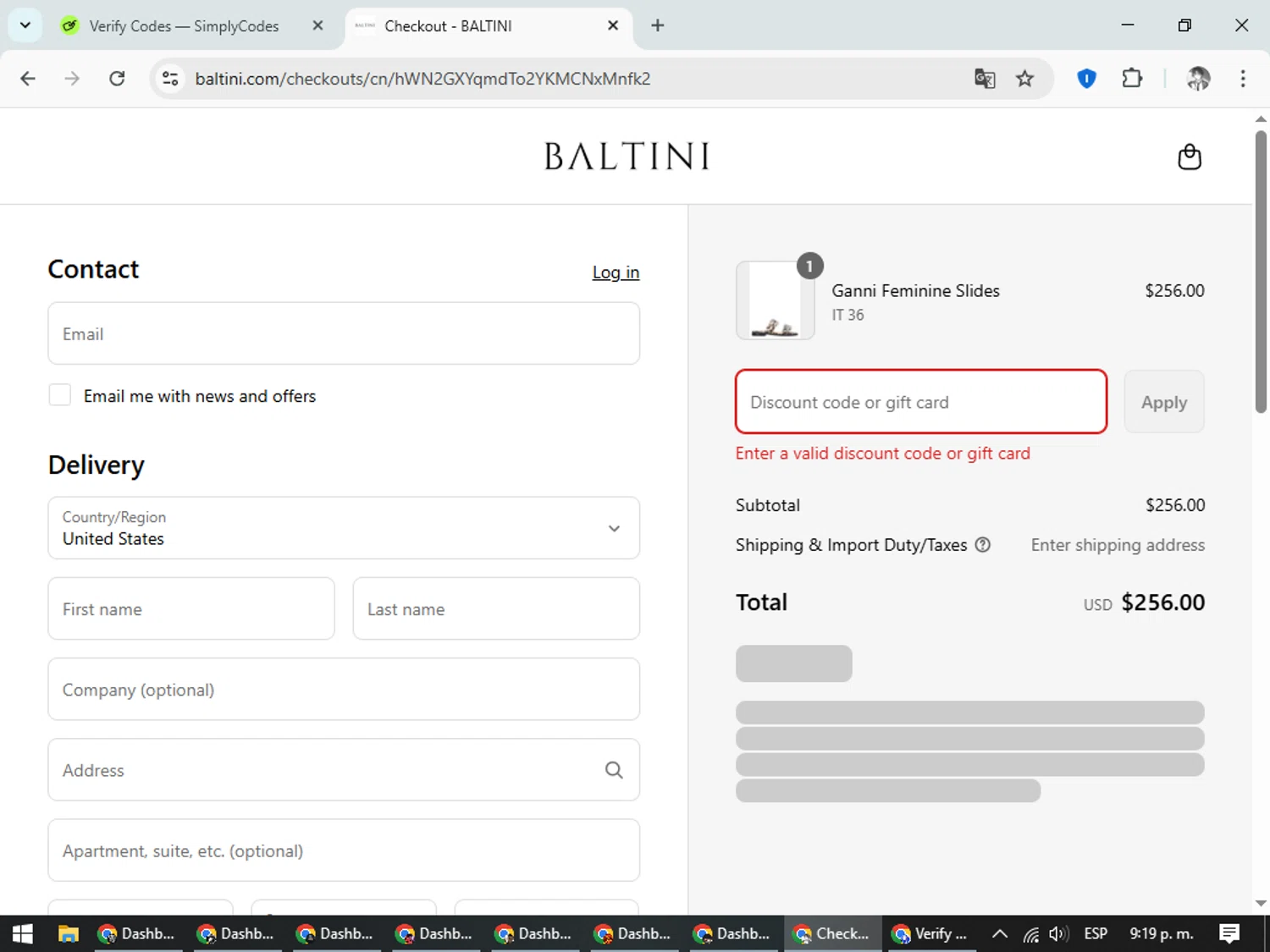 Baltini promo code screenshot showing code balvss25f applied at Baltini checkout page. Uploaded by SimplyCodes community member CleverLegend6607 on Aug 27, 2025