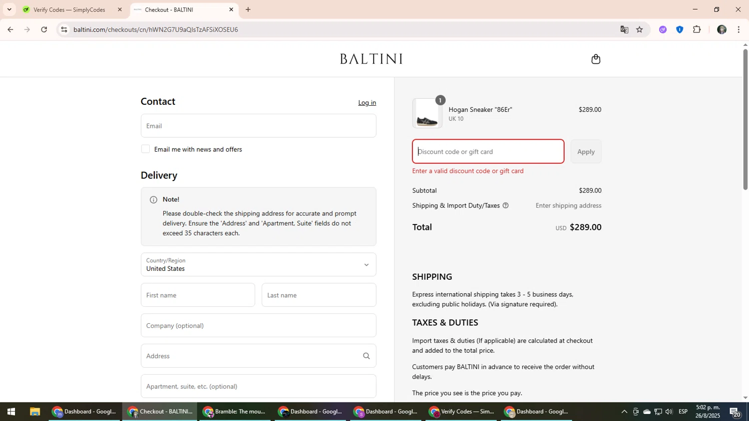Baltini promo code screenshot showing code balvss25f applied at Baltini checkout page. Uploaded by SimplyCodes community member CleverLynx6871 on Aug 26, 2025