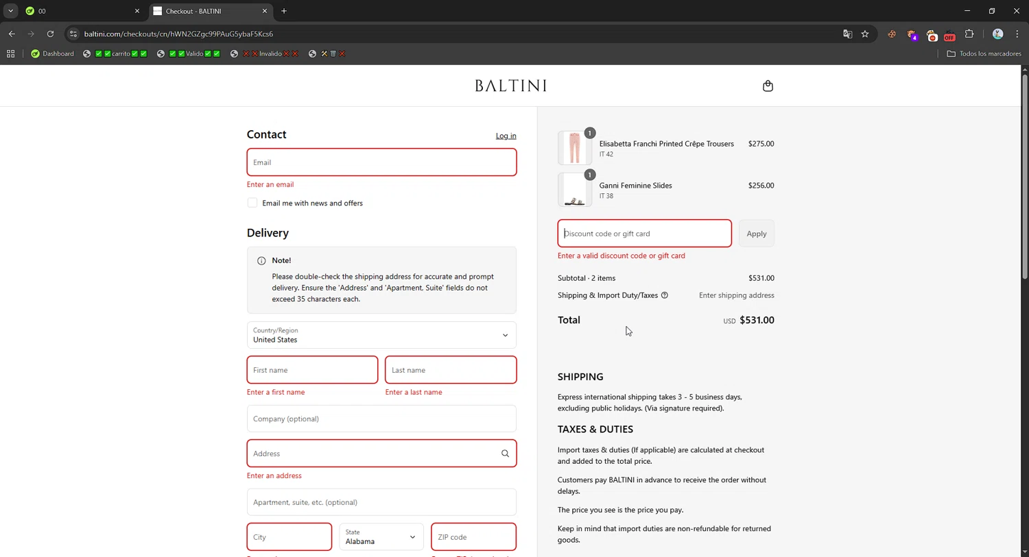 Baltini promo code screenshot showing code balvss25f applied at Baltini checkout page. Uploaded by SimplyCodes community member Mriko_Kien_lo_lea on Aug 27, 2025