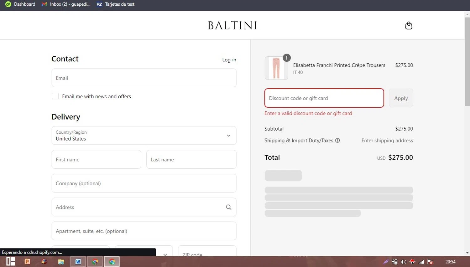Baltini promo code screenshot showing code balvss25f applied at Baltini checkout page. Uploaded by SimplyCodes community member PaticoBel on Aug 27, 2025
