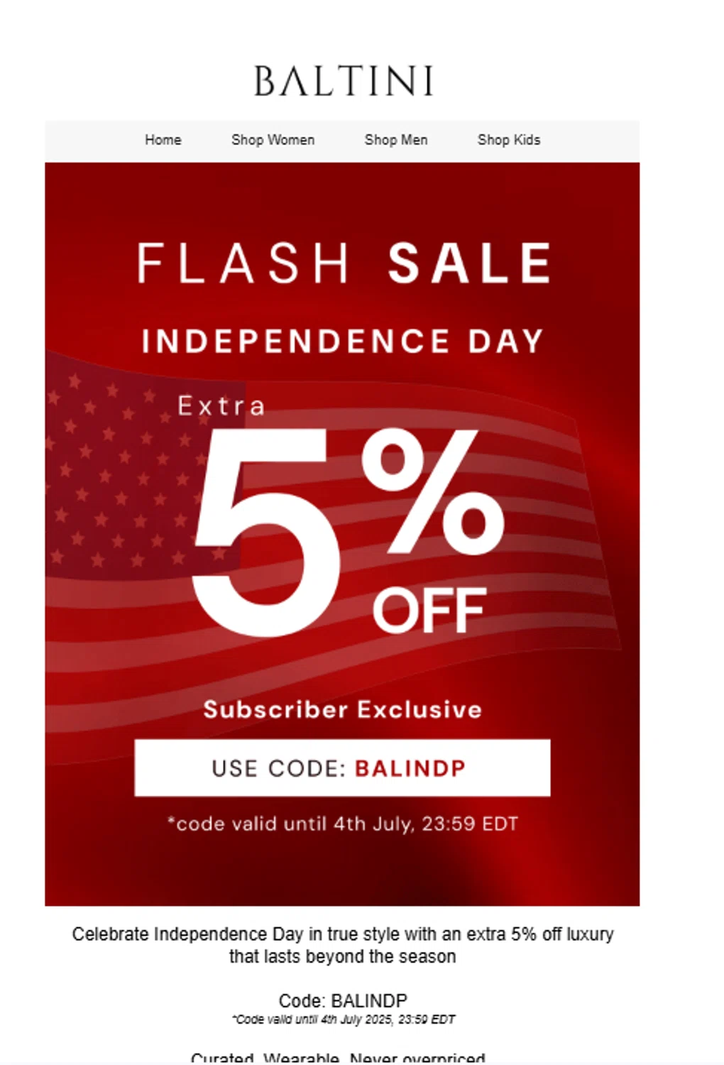 Baltini promo code screenshot showing code BALINDP applied at Baltini checkout page. Uploaded by SimplyCodes community member valeriaantonieta on Jul 2, 2025