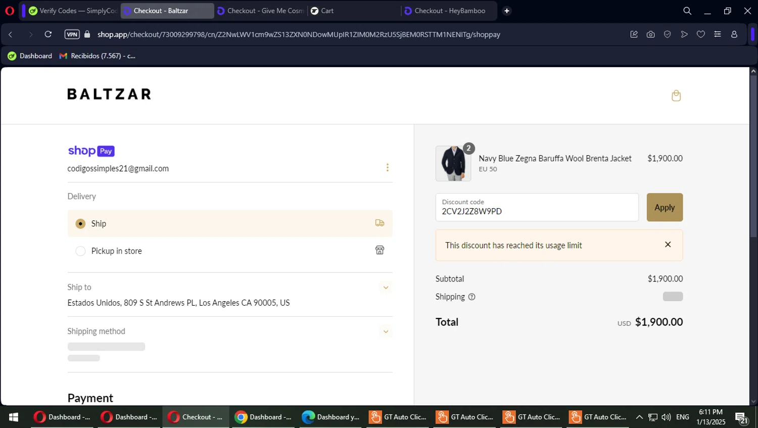Baltzar discount code screenshot showing code 2CV2J2Z8W9PD applied at Baltzar checkout page. Uploaded by SimplyCodes community member Typhlosion on Jan 13, 2025