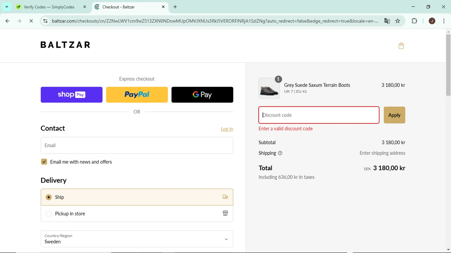 Baltzar discount code screenshot showing code SHIPFREE applied at Baltzar checkout page. Uploaded by SimplyCodes community member LegendaryAce8627 on Feb 26, 2025