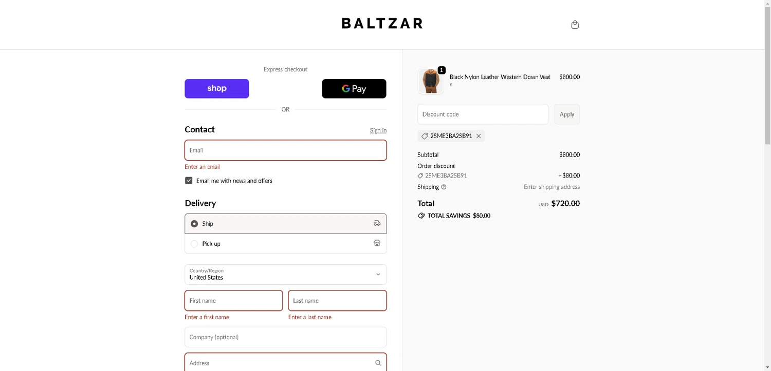 Baltzar checkout page showing Baltzar discount code box | Screenshot taken by SimplyCodes community member on Oct 2, 2025