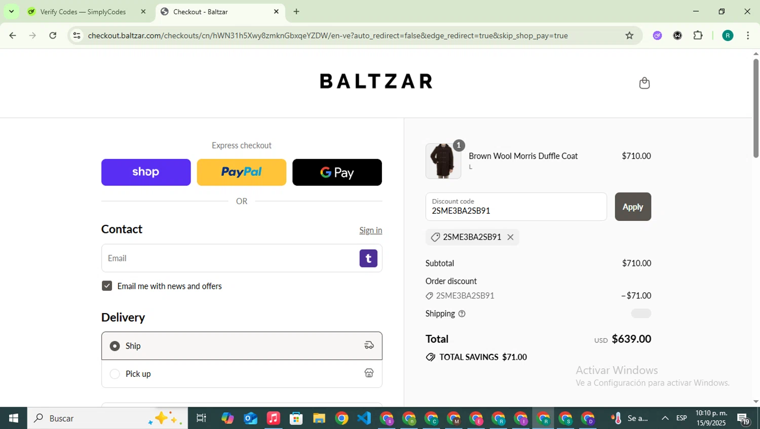 Baltzar checkout page showing Baltzar discount code box | Screenshot taken by SimplyCodes community member on Sep 16, 2025