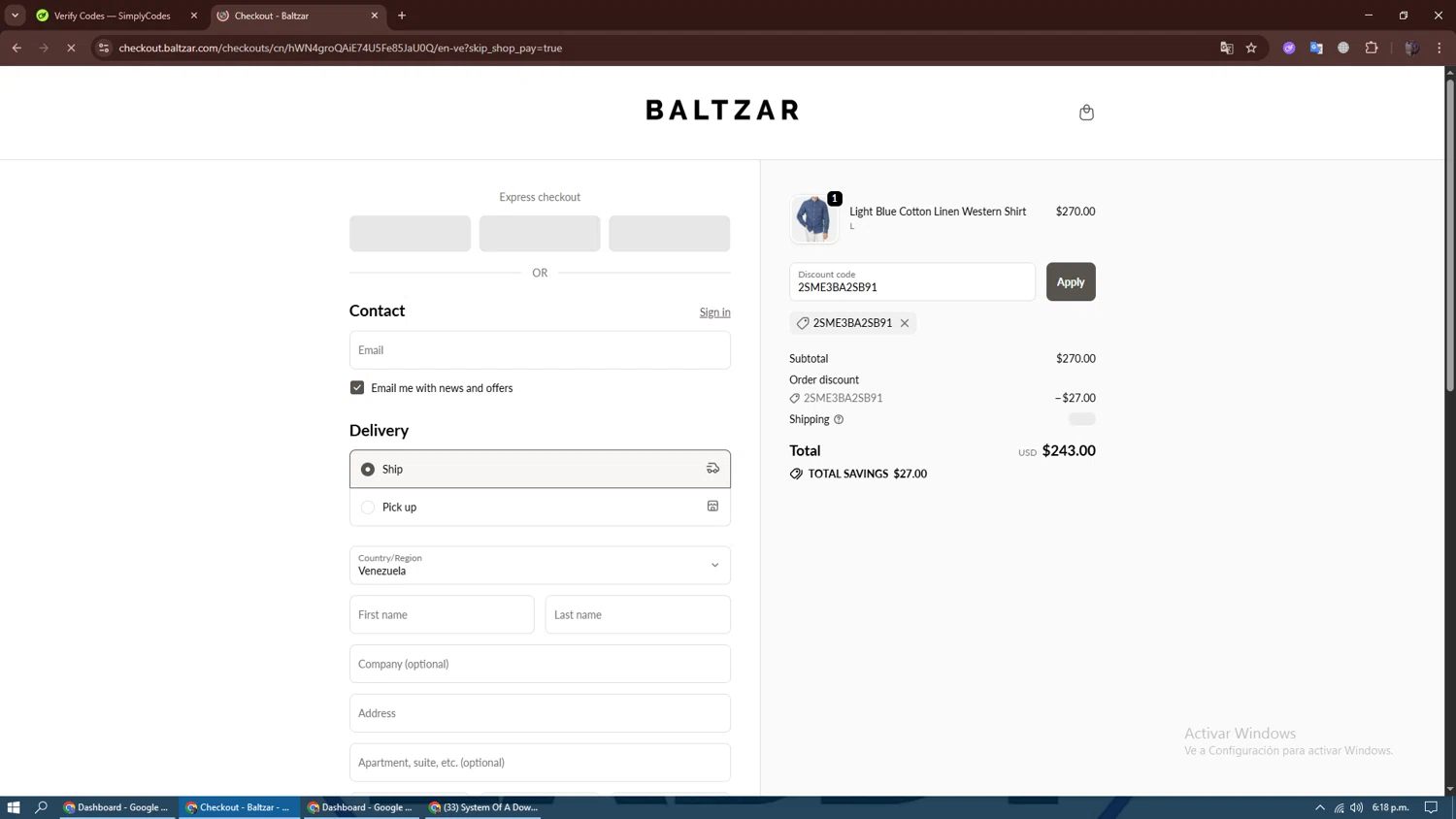 Baltzar checkout page showing Baltzar discount code box | Screenshot taken by SimplyCodes community member on Oct 29, 2025