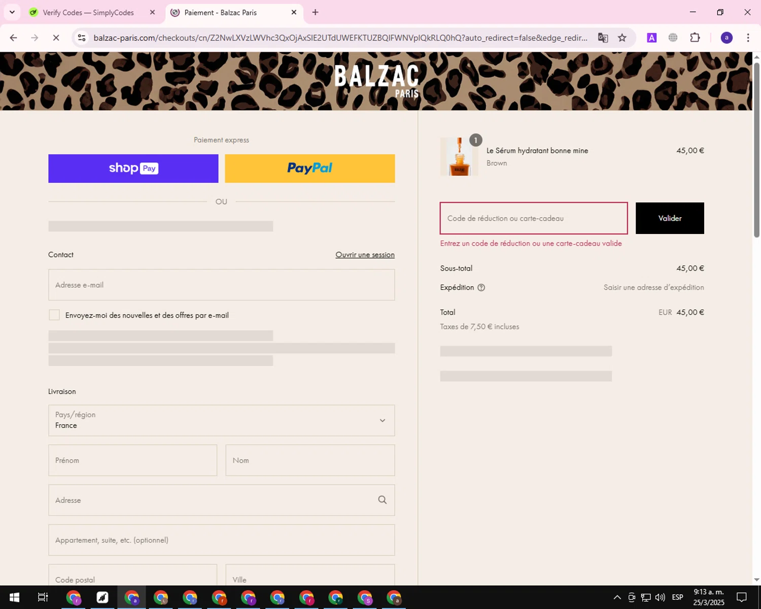BALZAC PARIS discount code screenshot showing code PSGCYBERMONDAY applied at BALZAC PARIS checkout page. Uploaded by SimplyCodes community member CleverShopper625 on Mar 25, 2025