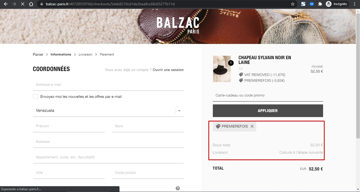 BALZAC PARIS checkout page showing BALZAC PARIS discount code box | Screenshot taken by SimplyCodes community member on Dec 17, 2021