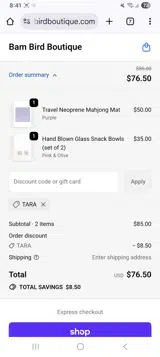 Tara coupon verification screenshot
