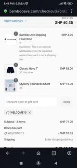 Welcome15 coupon verification screenshot