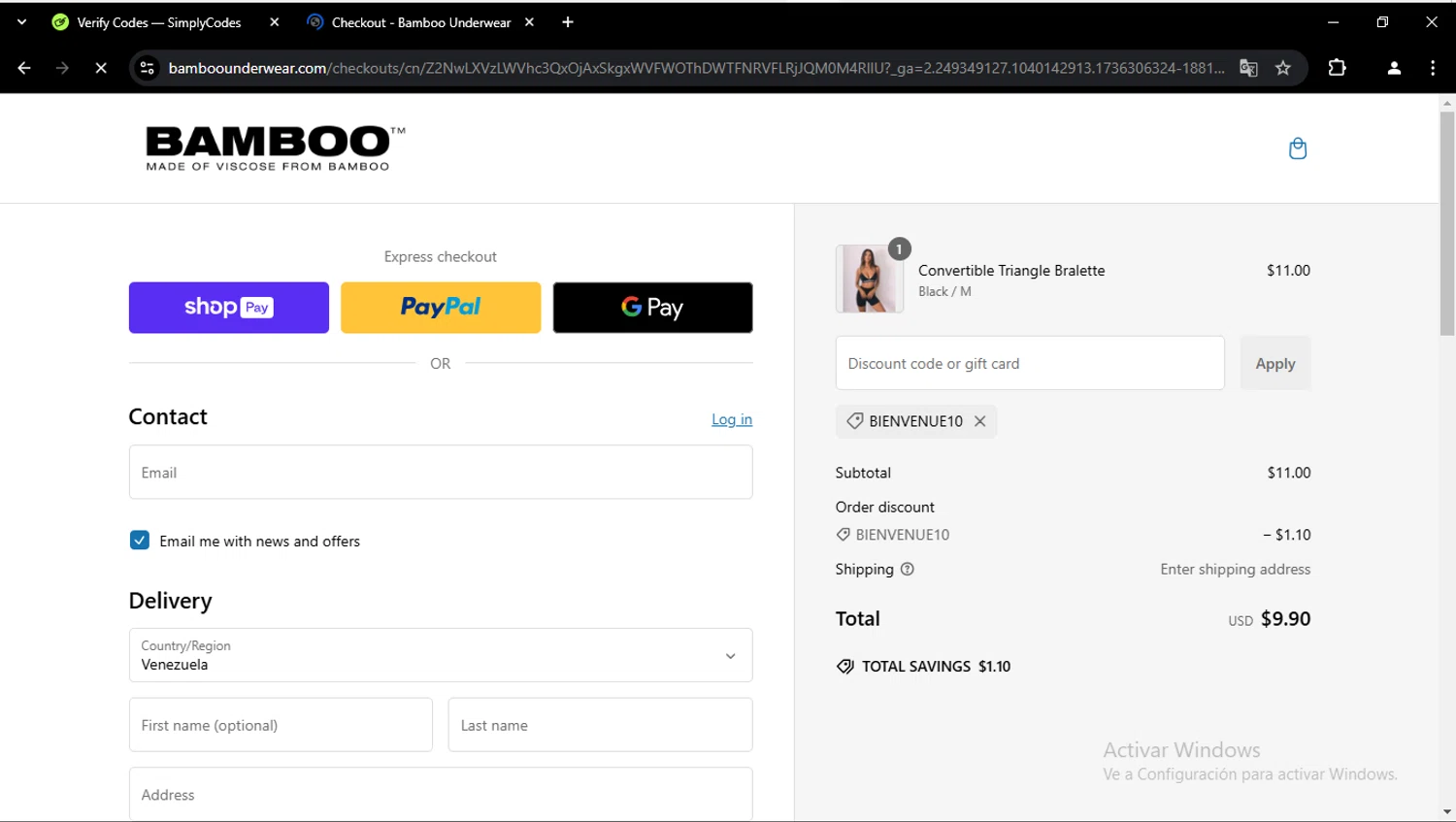 Bamboo Underwear promo code screenshot showing code BIENVENUE10 applied at Bamboo Underwear checkout page. Uploaded by SimplyCodes community member feliutorres on Jan 8, 2025
