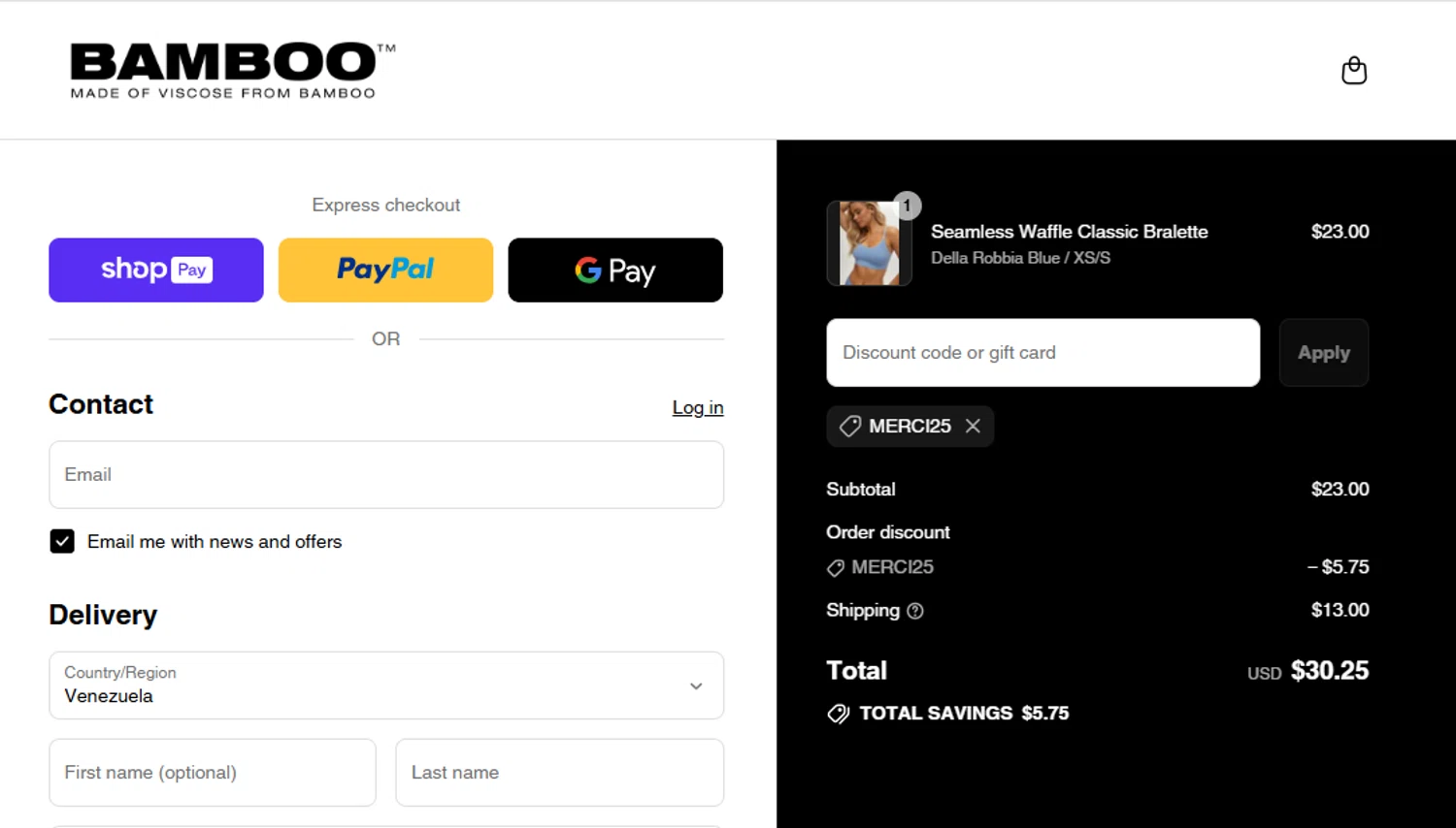 Bamboo Underwear promo code screenshot showing code MERCI25 applied at Bamboo Underwear checkout page. Uploaded by SimplyCodes community member yeresojperez on Aug 12, 2025