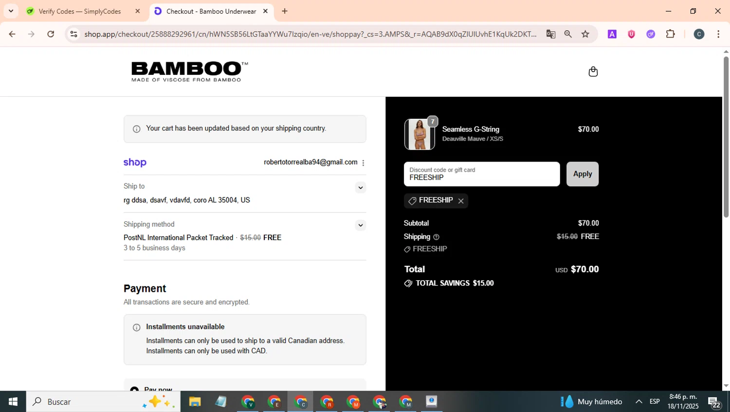 Bamboo Underwear promo code screenshot showing code FREESHIP applied at Bamboo Underwear checkout page. Uploaded by SimplyCodes community member benjamnlev on Nov 19, 2025