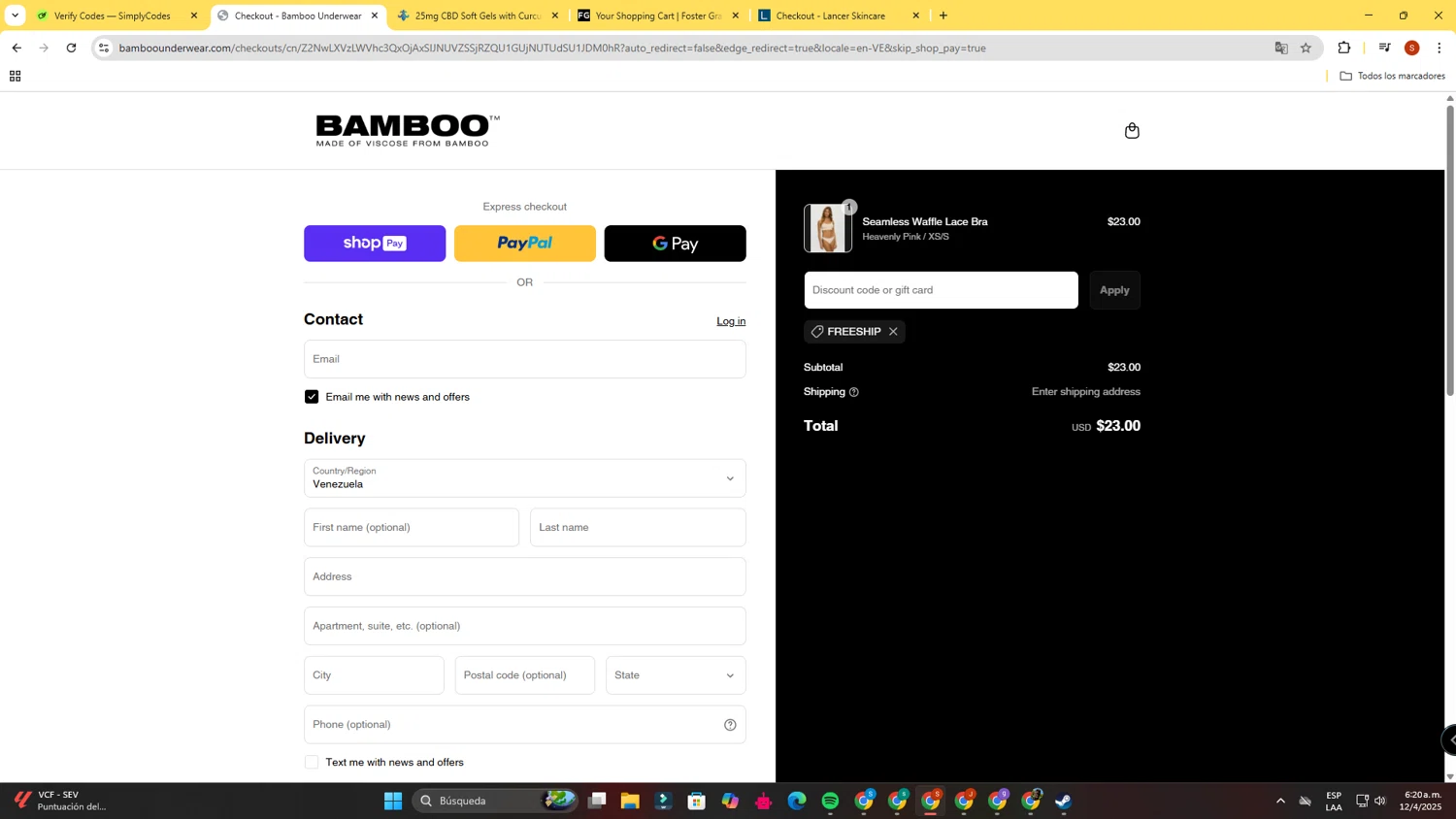 Bamboo Underwear promo code screenshot showing code FREESHIP applied at Bamboo Underwear checkout page. Uploaded by SimplyCodes community member LegendaryBoss2307 on Apr 12, 2025