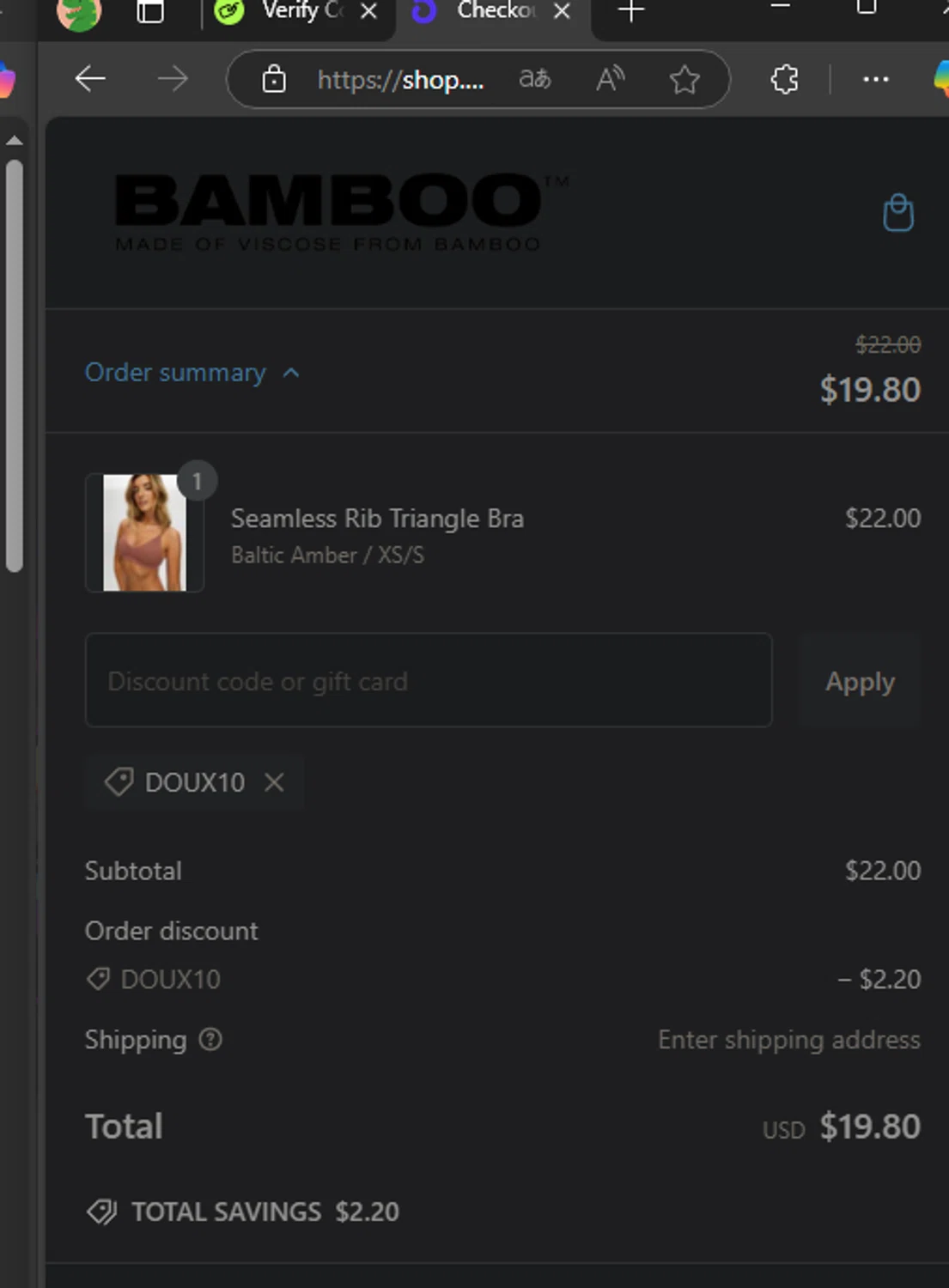 Bamboo Underwear promo code screenshot showing code DOUX10 applied at Bamboo Underwear checkout page. Uploaded by SimplyCodes community member FIREINTHEHOLE on Jan 18, 2025