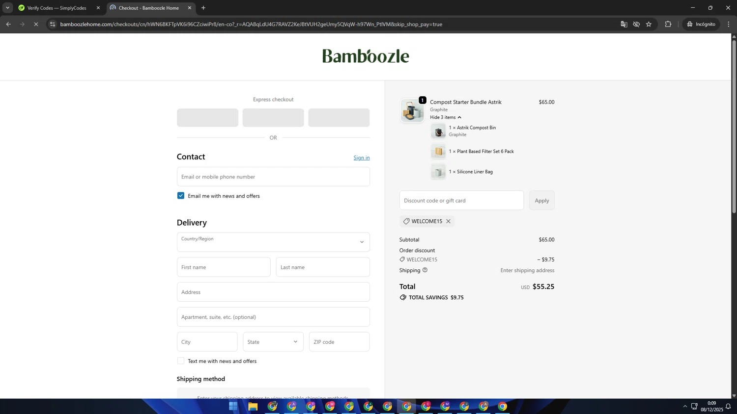 Bamboozle Home promo code screenshot showing code Welcome15 applied at Bamboozle Home checkout page. Uploaded by SimplyCodes community member Kaizen on Dec 8, 2025