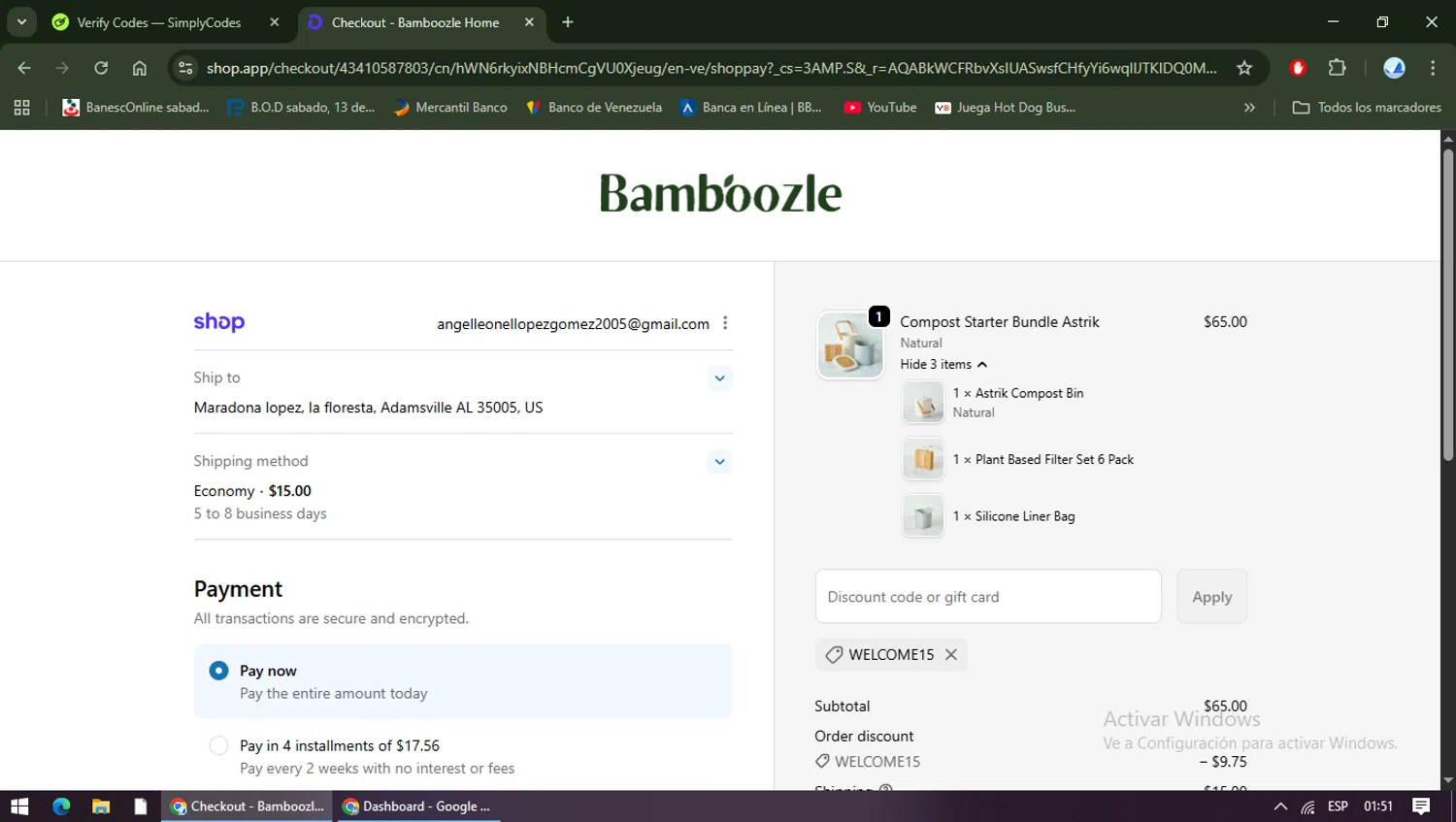 Bamboozle Home promo code screenshot showing code Welcome15 applied at Bamboozle Home checkout page. Uploaded by SimplyCodes community member TreasureShopper9156 on Dec 26, 2025