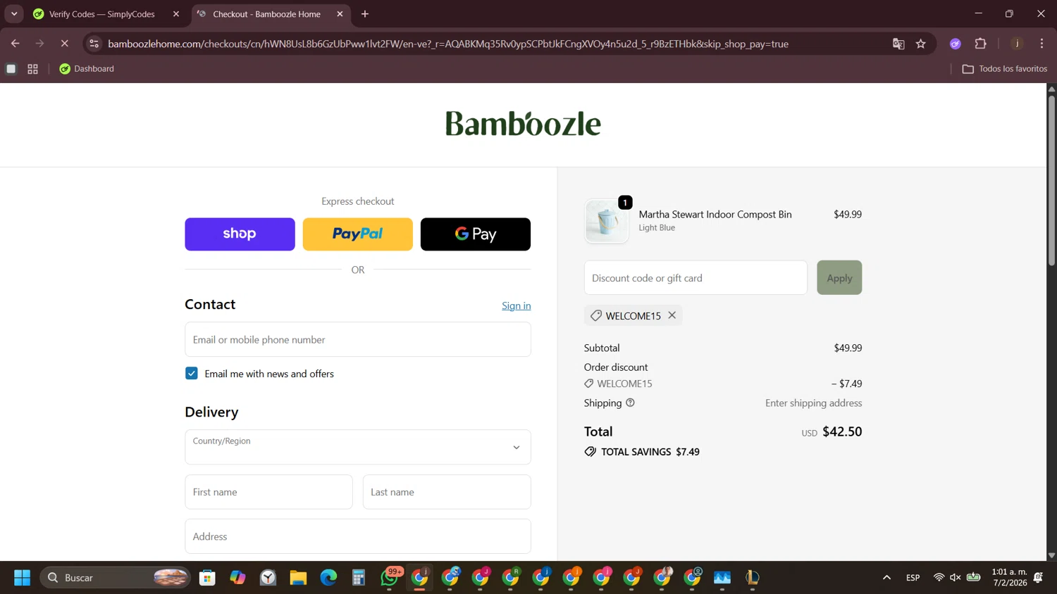 Bamboozle Home checkout page showing Bamboozle Home promo code box | Screenshot taken by SimplyCodes community member on Feb 7, 2026