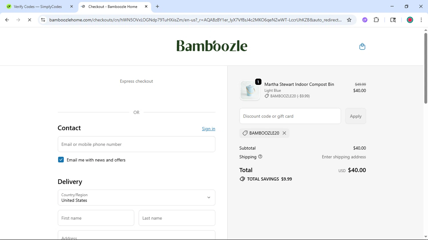 Bamboozle Home promo code screenshot showing code BAMBOOZLE20 applied at Bamboozle Home checkout page. Uploaded by SimplyCodes community member DiscountSentinel4513 on Nov 17, 2025