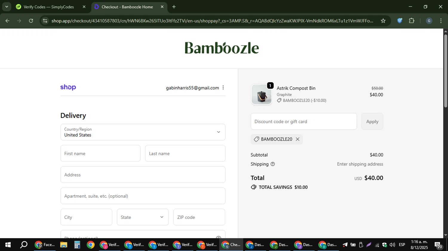 Bamboozle Home promo code screenshot showing code BAMBOOZLE20 applied at Bamboozle Home checkout page. Uploaded by SimplyCodes community member gabinharris55 on Dec 8, 2025