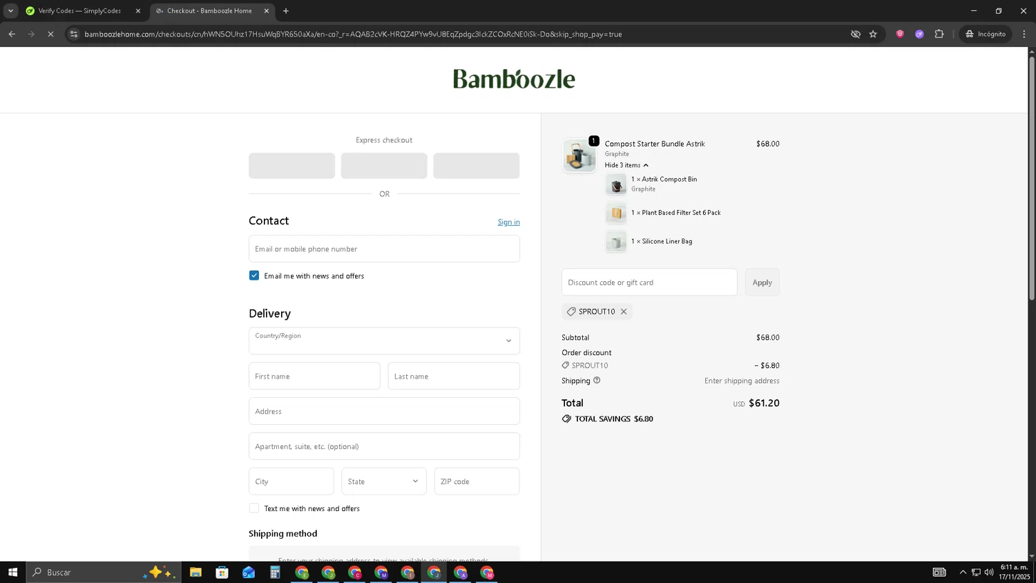 Bamboozle Home promo code screenshot showing code SPROUT10 applied at Bamboozle Home checkout page. Uploaded by SimplyCodes community member AVATIGRITO on Nov 17, 2025