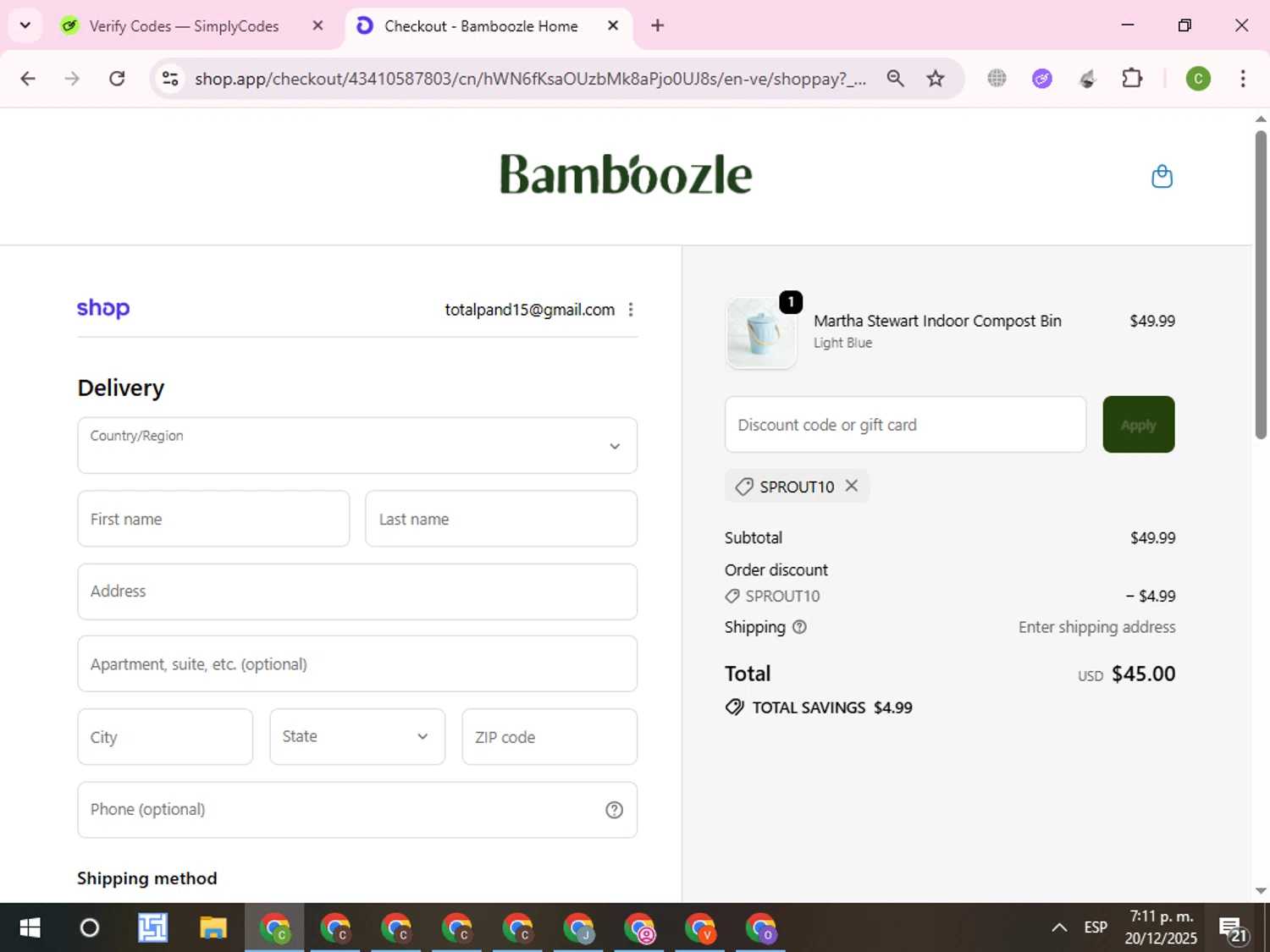 Bamboozle Home promo code screenshot showing code SPROUT10 applied at Bamboozle Home checkout page. Uploaded by SimplyCodes community member RoyalKnight4673 on Dec 20, 2025