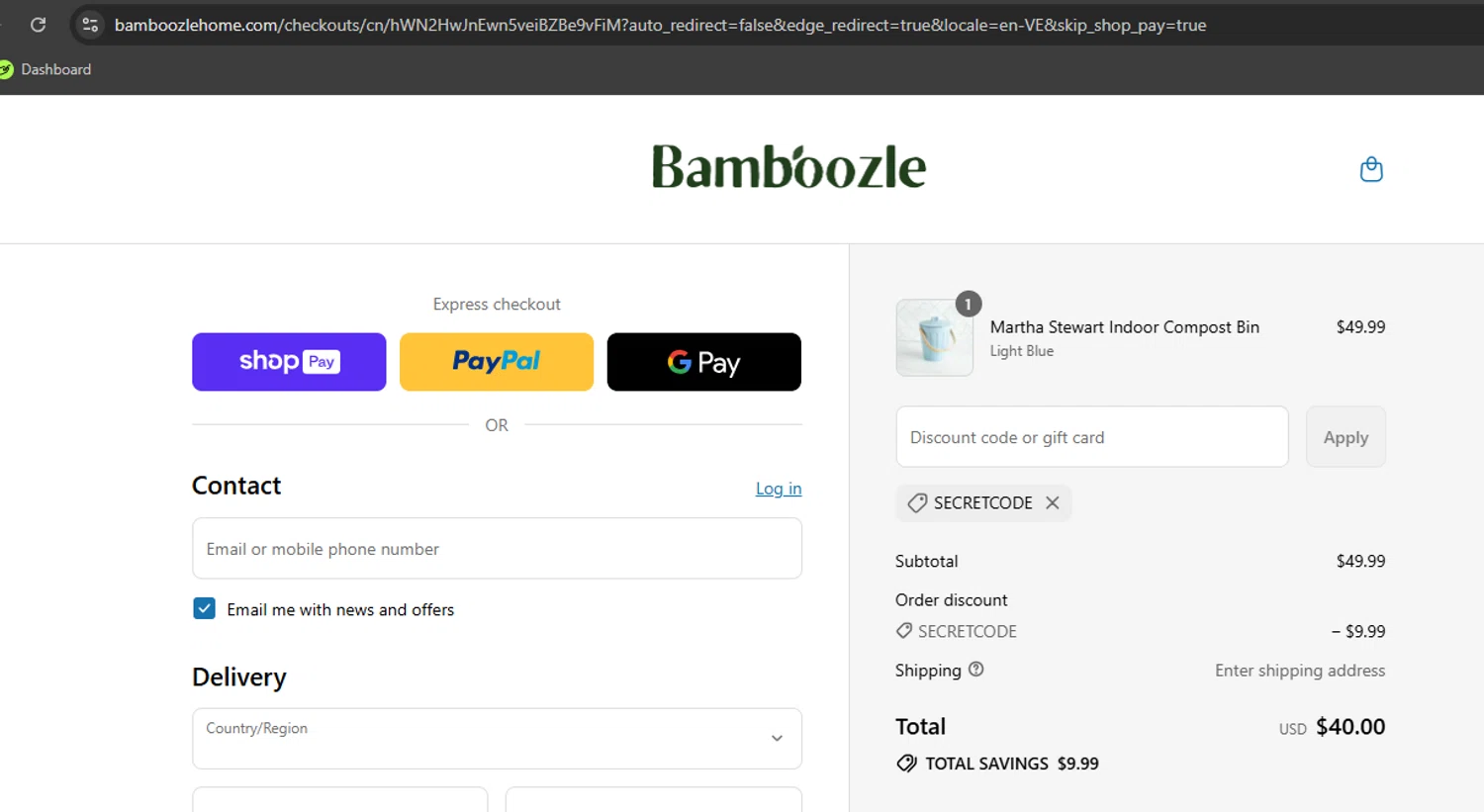 Bamboozle Home promo code screenshot showing code SECRETCODE applied at Bamboozle Home checkout page. Uploaded by SimplyCodes community member Kony24 on Aug 27, 2025