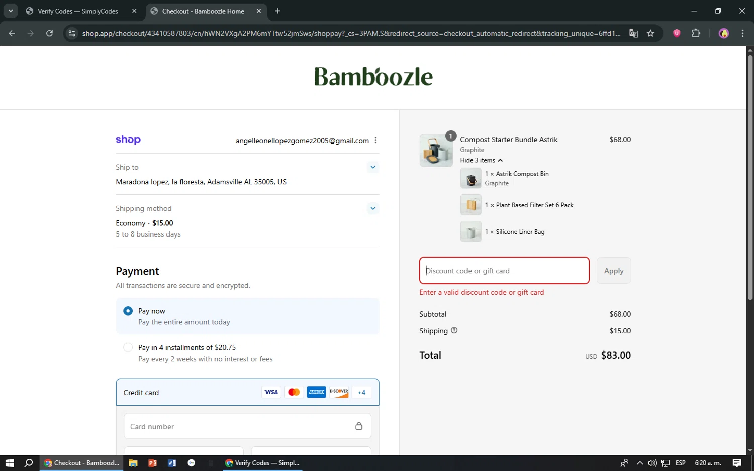 Bamboozle Home promo code screenshot showing code SECRETCODE applied at Bamboozle Home checkout page. Uploaded by SimplyCodes community member TreasureShopper9156 on Sep 2, 2025