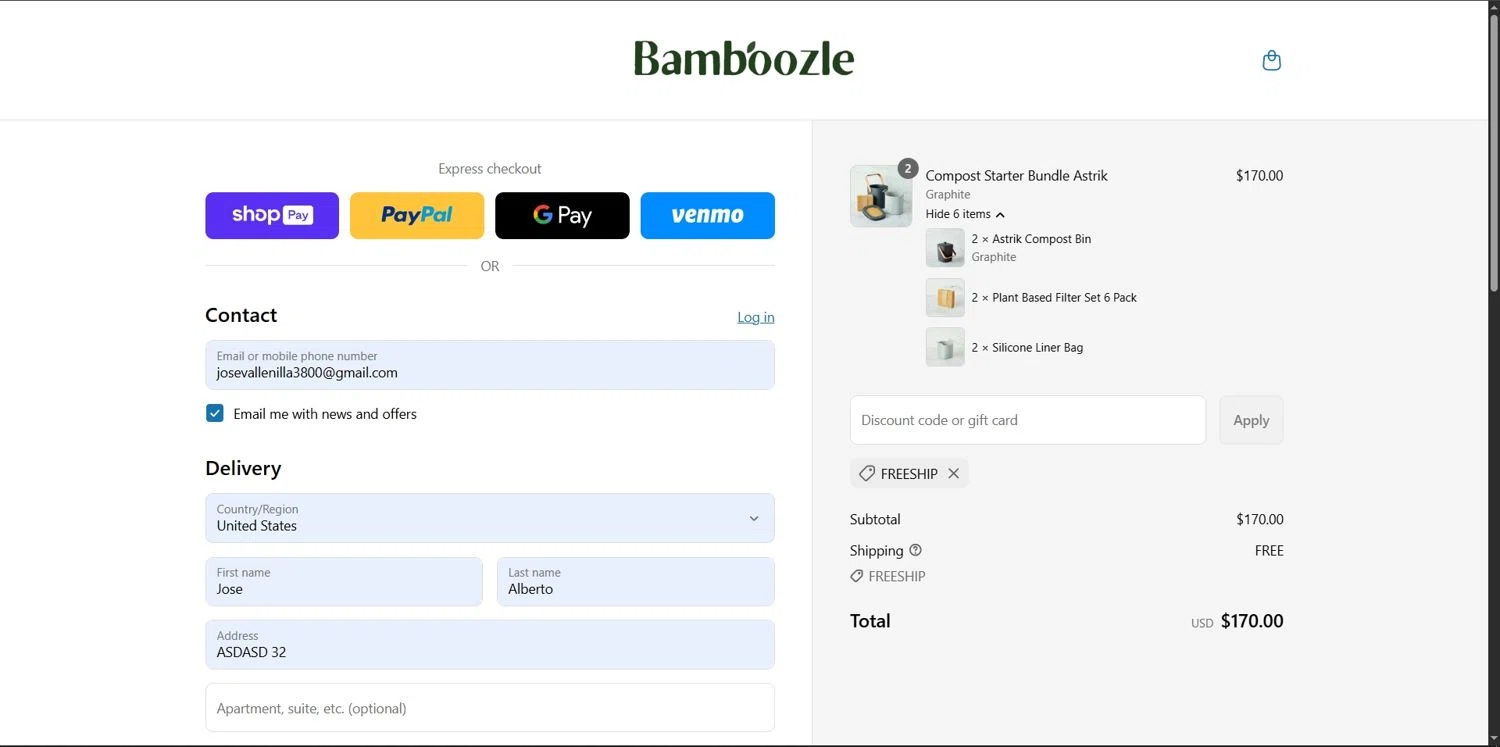 Bamboozle Home promo code screenshot showing code FREESHIP applied at Bamboozle Home checkout page. Uploaded by SimplyCodes community member Depressive on Jun 16, 2025