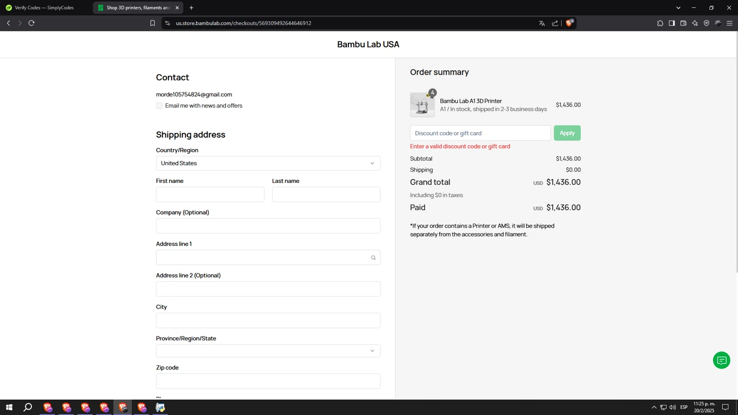 Bambu Lab discount code screenshot showing code HOLIDAY15 applied at Bambu Lab checkout page. Uploaded by SimplyCodes community member wwwwwwwwwwwwwwwwwww on Feb 21, 2025
