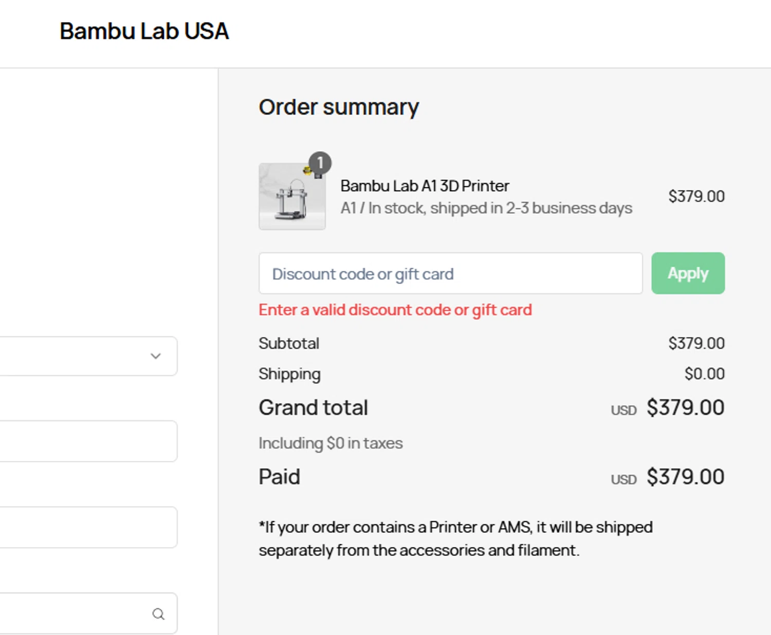 Bambu Lab discount code screenshot showing code HOLIDAY15 applied at Bambu Lab checkout page. Uploaded by SimplyCodes community member VoucherHero6322 on Mar 4, 2025