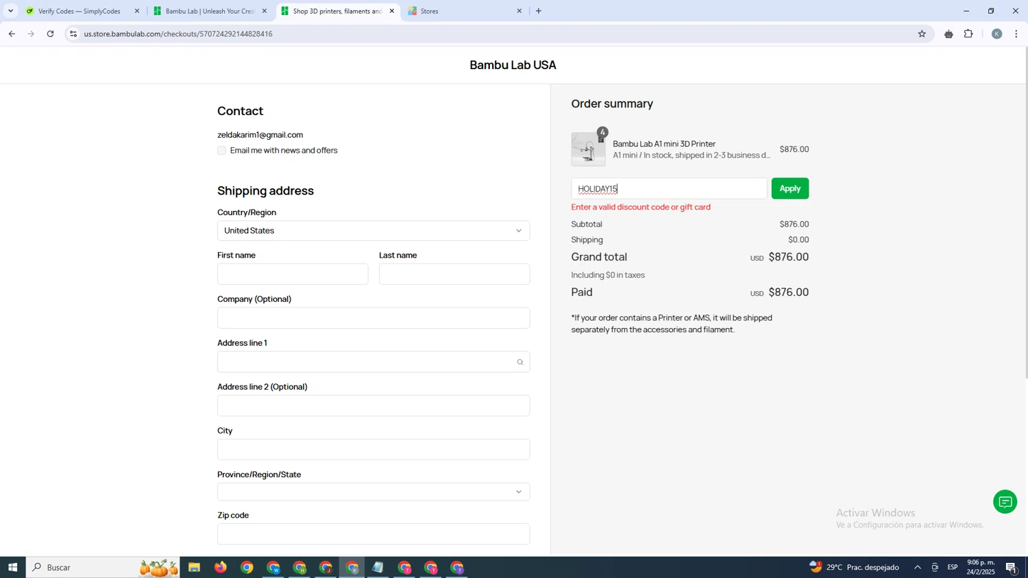 Bambu Lab discount code screenshot showing code HOLIDAY15 applied at Bambu Lab checkout page. Uploaded by SimplyCodes community member SavingsBoss9912 on Feb 25, 2025